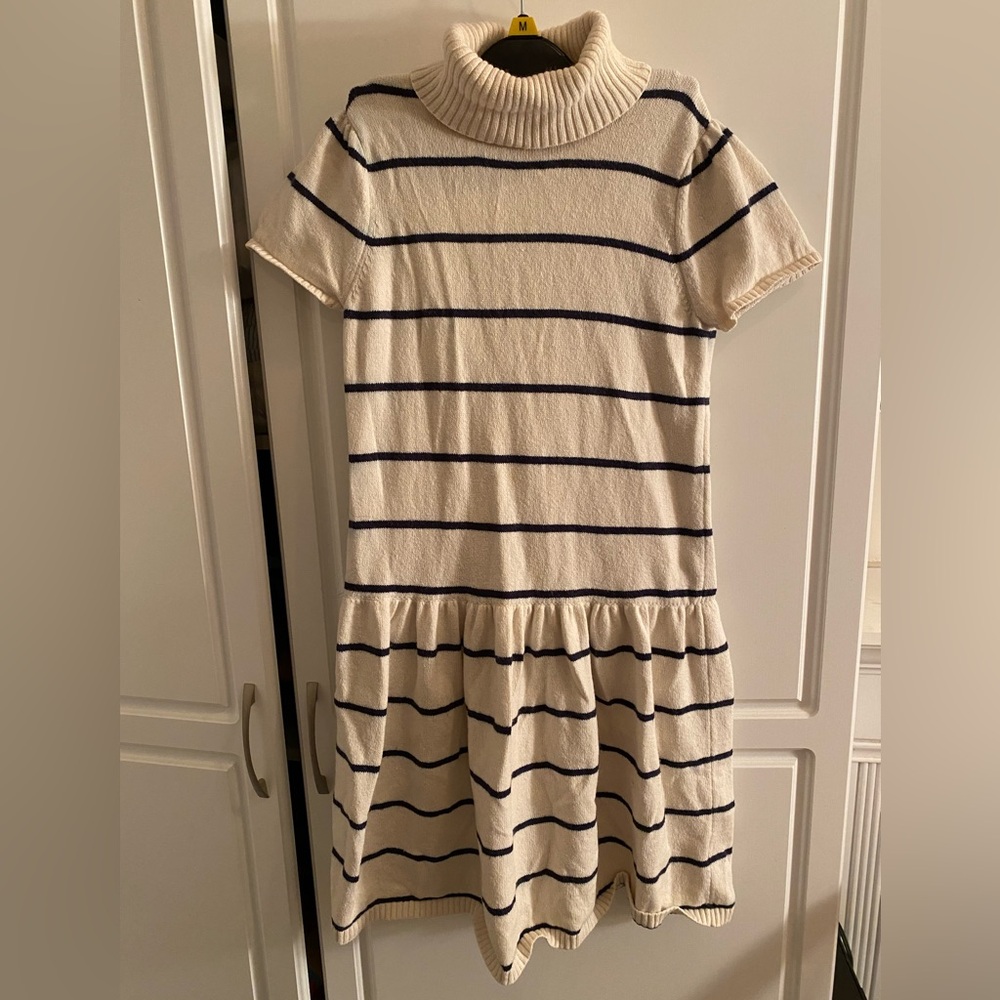 Girls Lands' End Cream and Navy Striped Sweater Dress